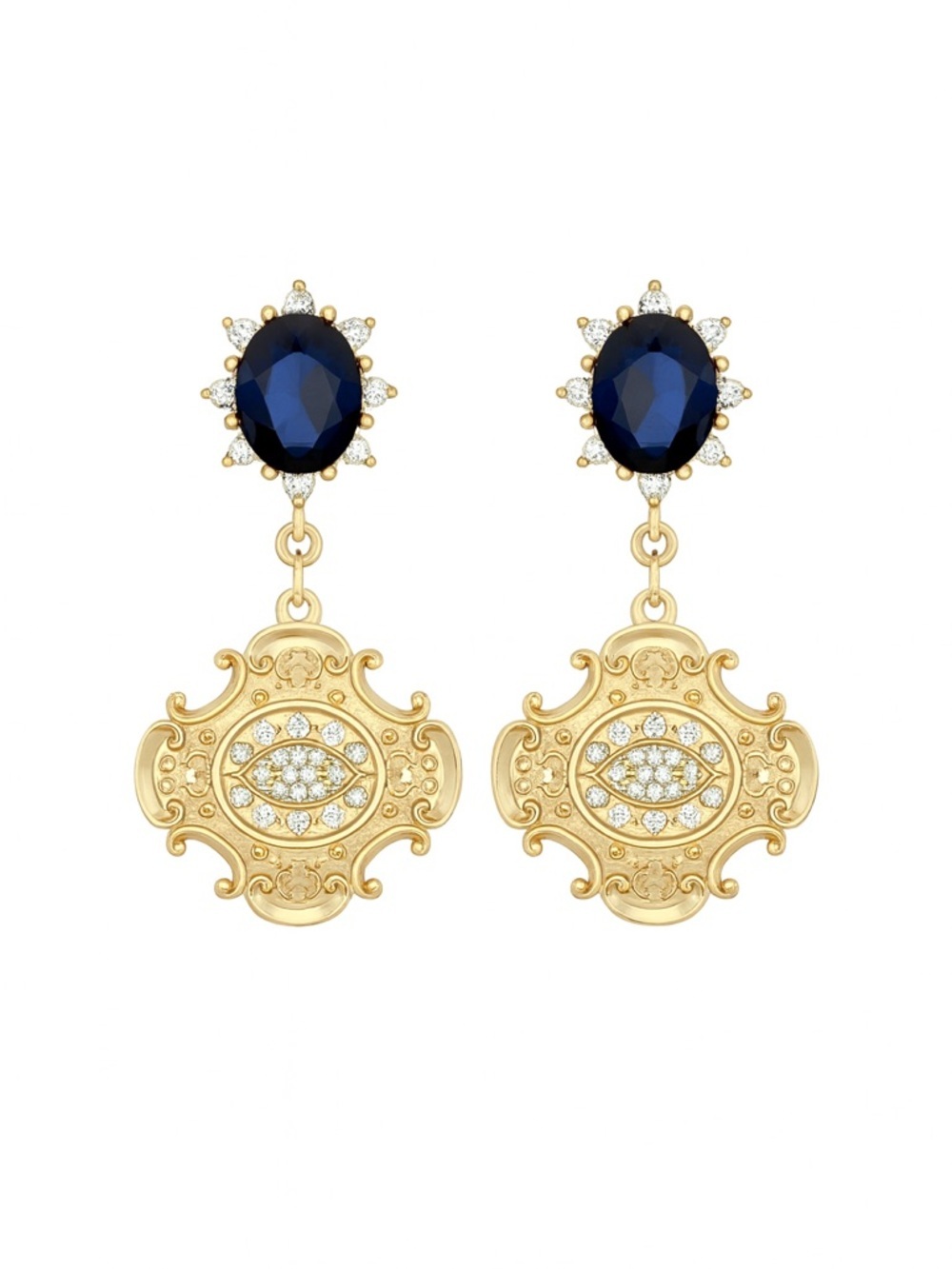 Gold Drop Earrings with Navy Blue Stone